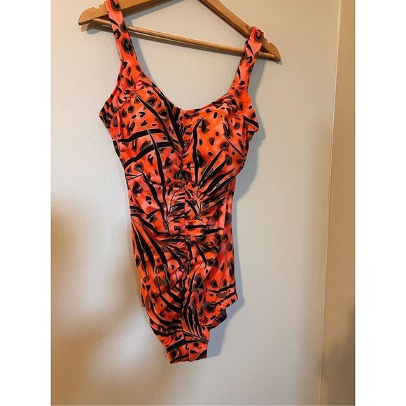 Maxine Sz 16 Gathered Front One Piece Swimsuit Red Orange Animal Print Shapewear - Picture 7 of 14